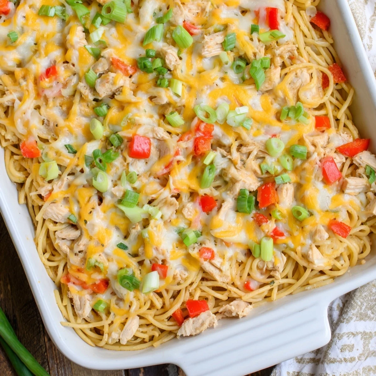 Golden baked Monterey Chicken Spaghetti casserole with melted cheese topping and fresh green onion garnish