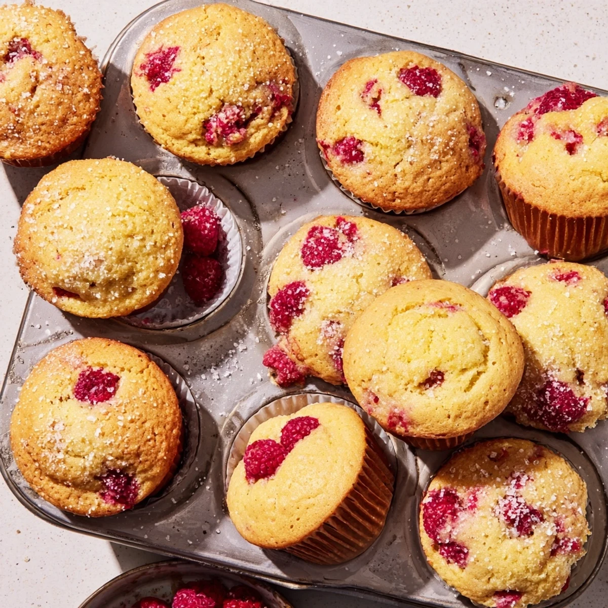 Golden lemon raspberry muffins topped with coarse sugar, fresh raspberries peeking through tender crumb