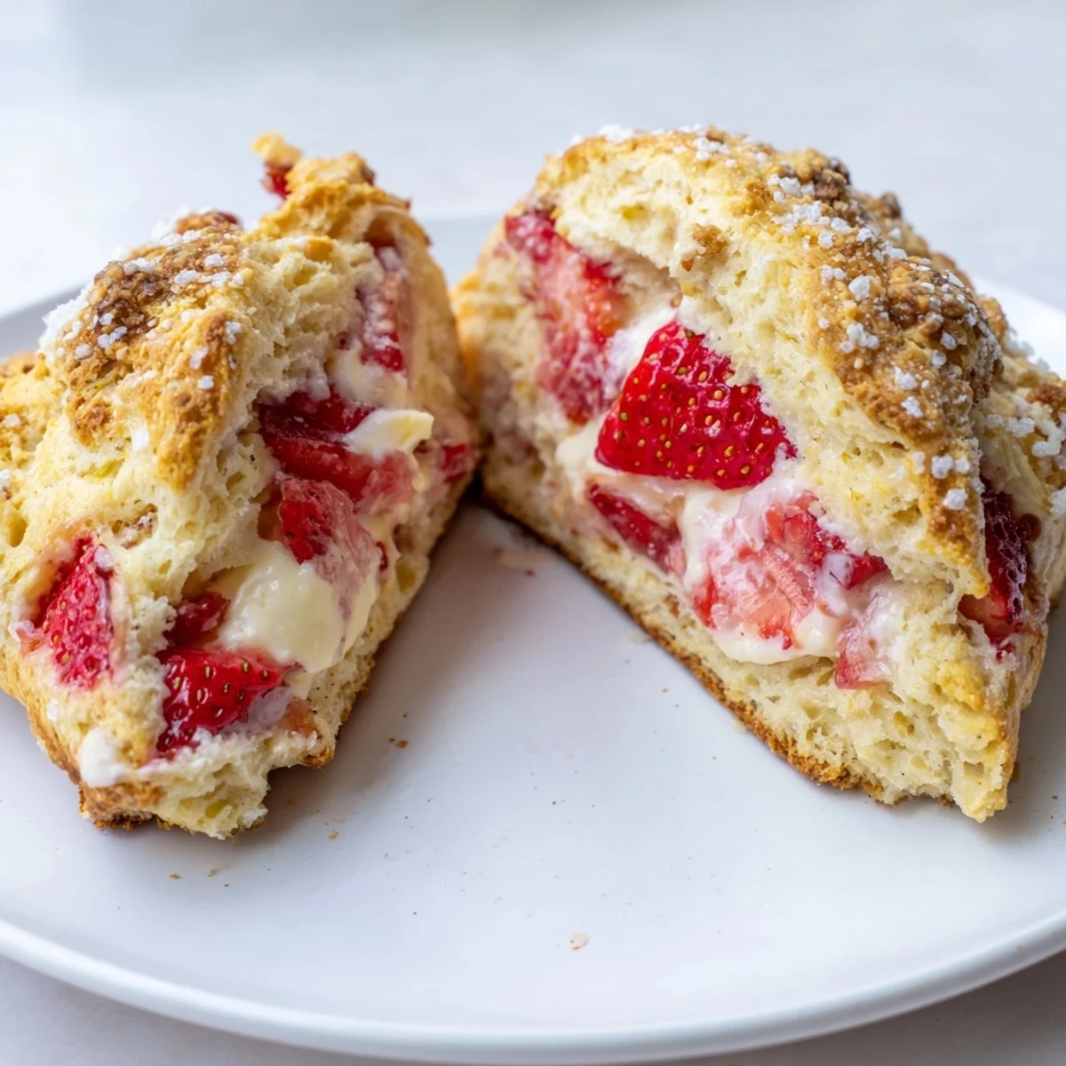 Golden brown strawberry scones scattered with coarse sugar on a wire rack