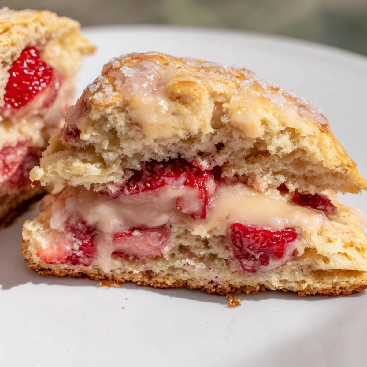 Tender strawberry scones brushed with cream and ready for breakfast or brunch