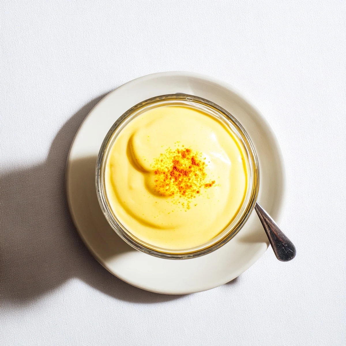 Golden easy vegan mango curd spooned into a glass jar with fresh mango chunks