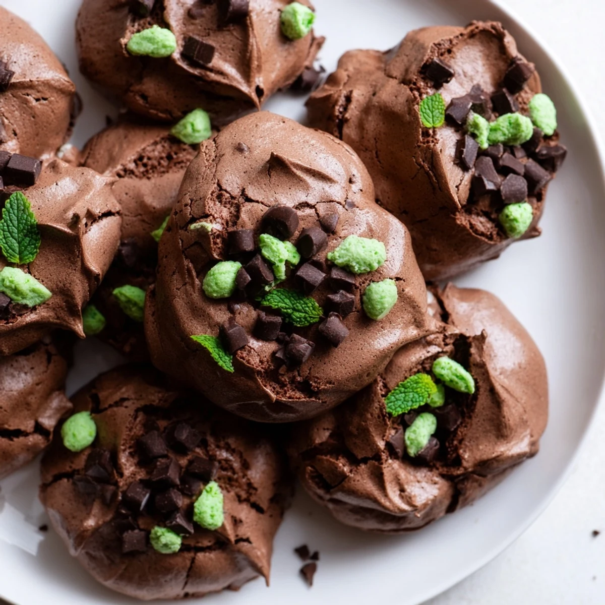 Fluffy dark chocolate and mint chip cloud meringues baked to golden perfection on a parchment-lined baking sheet