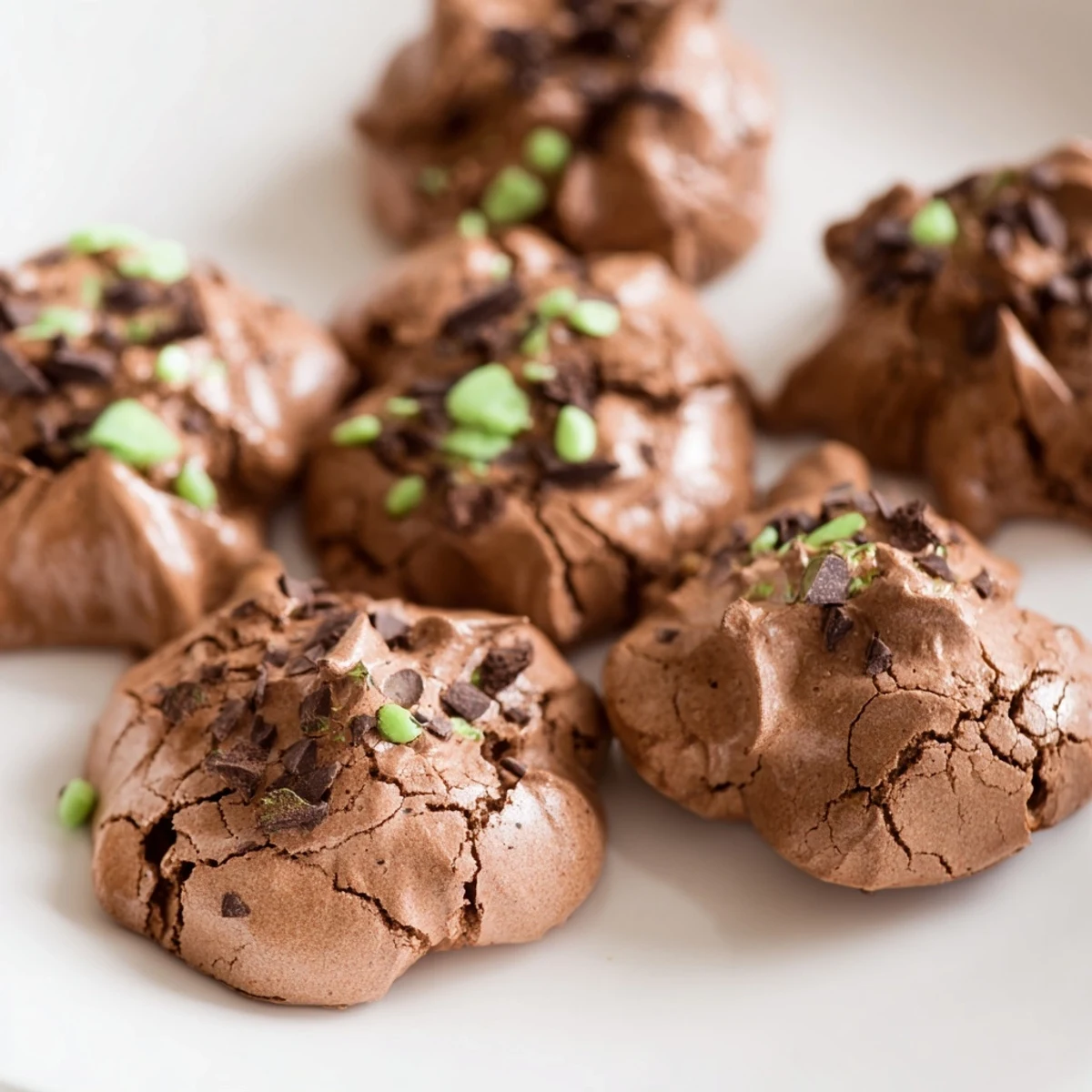 Crispy airy chocolate meringue cookies studded with dark chocolate and mint chips arranged on a white plate
