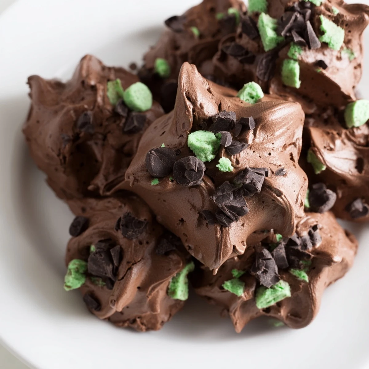 Dreamy dark chocolate and mint chip clouds showing their glossy texture and melty chocolate chip details close up