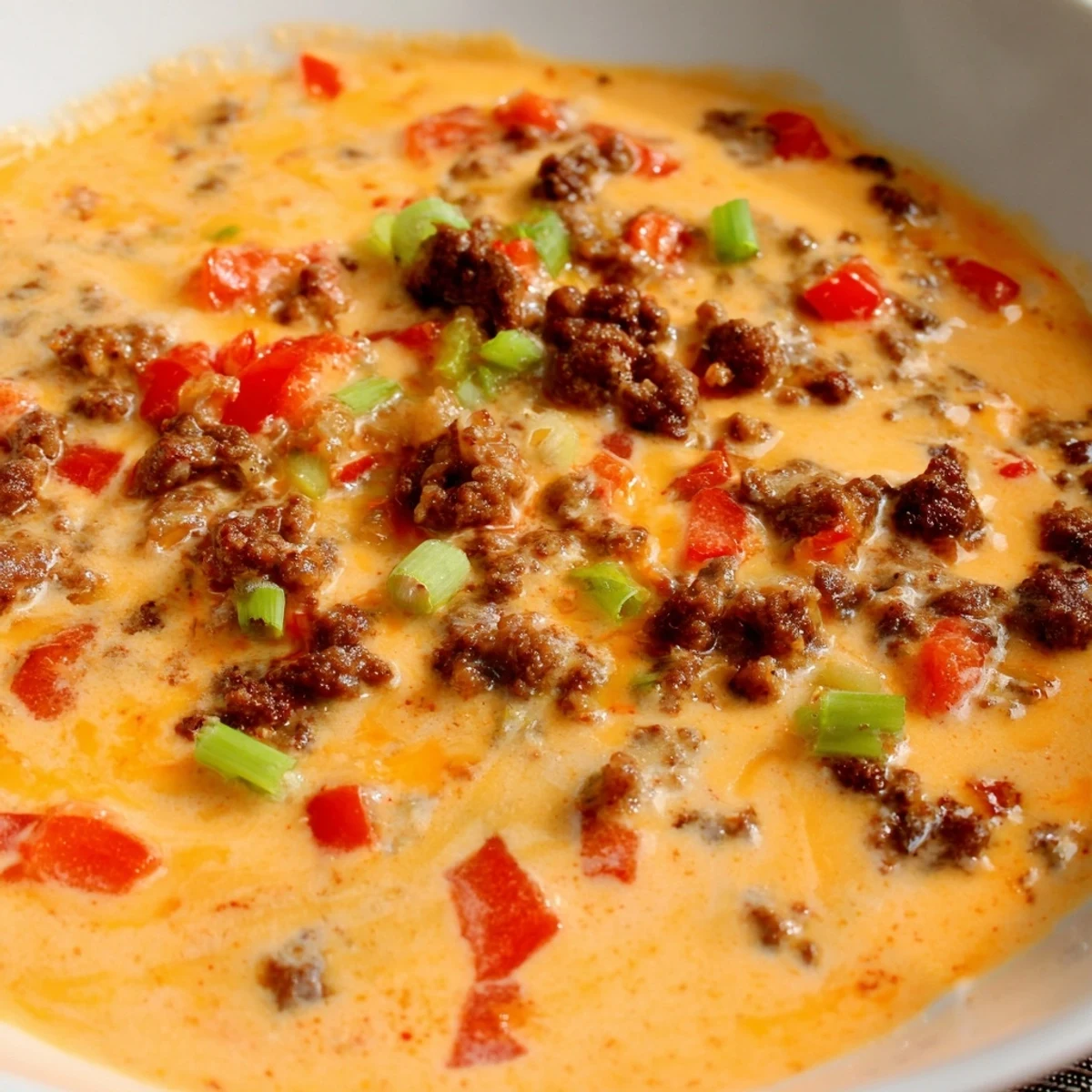 Creamy melty Rotel dip with ground beef bubbling in a serving bowl topped with cilantro