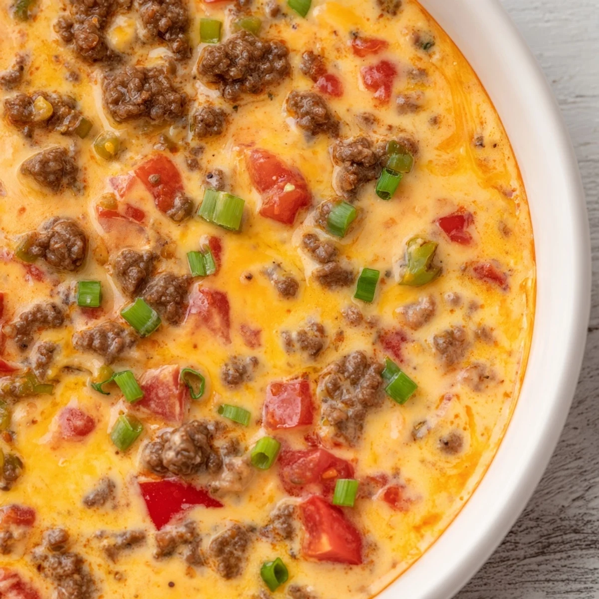 Savory ground beef Rotel dip featuring melted processed cheese and tangy sour cream garnished with green onions