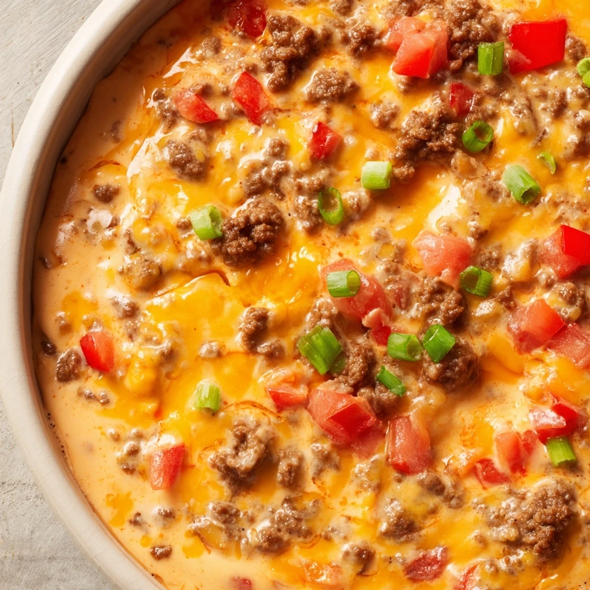 Golden cheese Rotel dip with seasoned beef and spicy tomatoes served alongside crispy tortilla chips