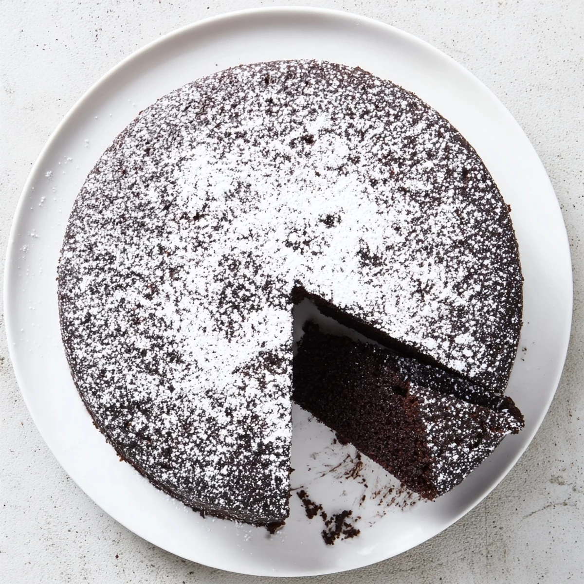 Moist Air Fryer Guinness Chocolate Cake dusted with powdered sugar on a serving plate