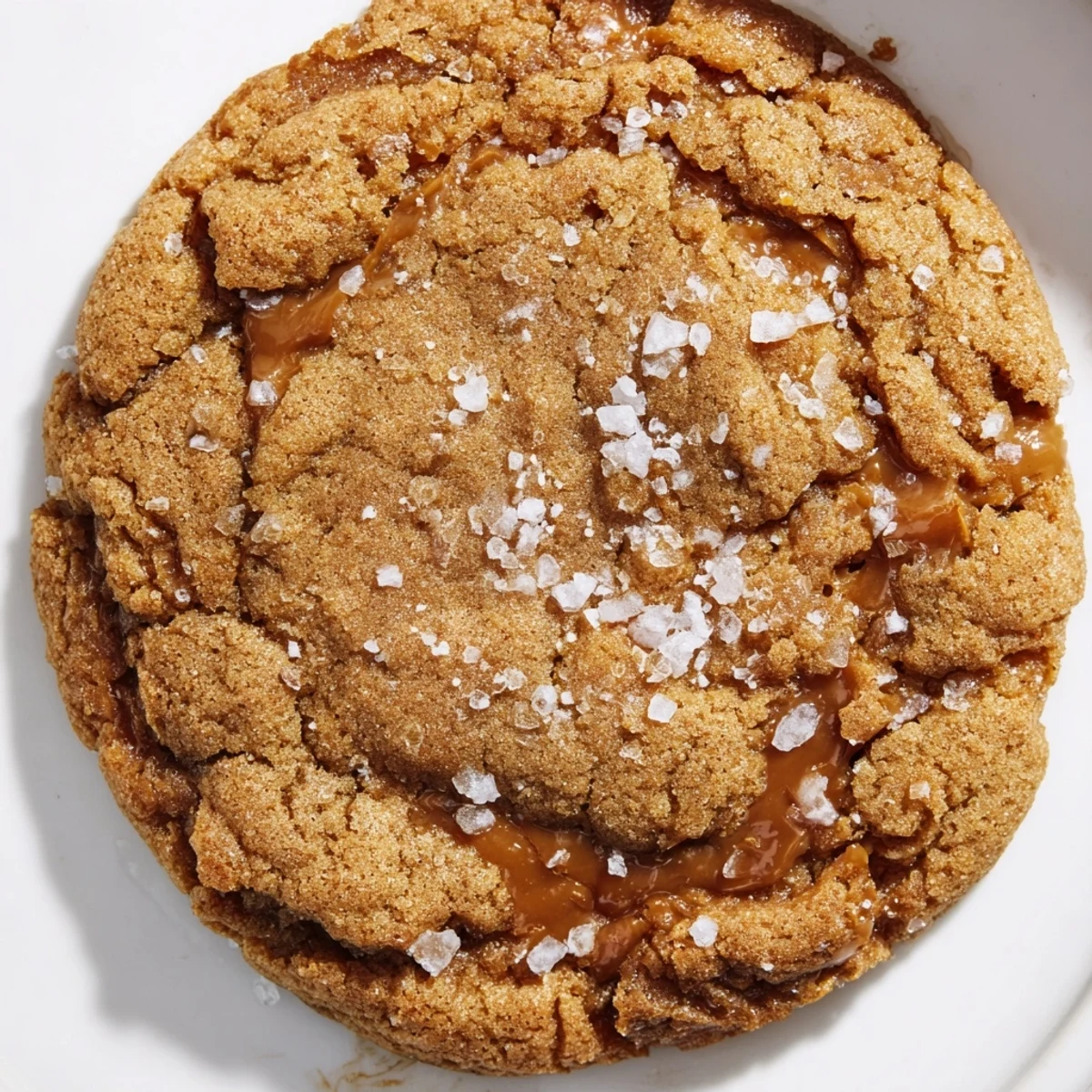 Golden brown sea salt caramel cookies with melted caramel pieces and flaky salt topping on a cooling rack