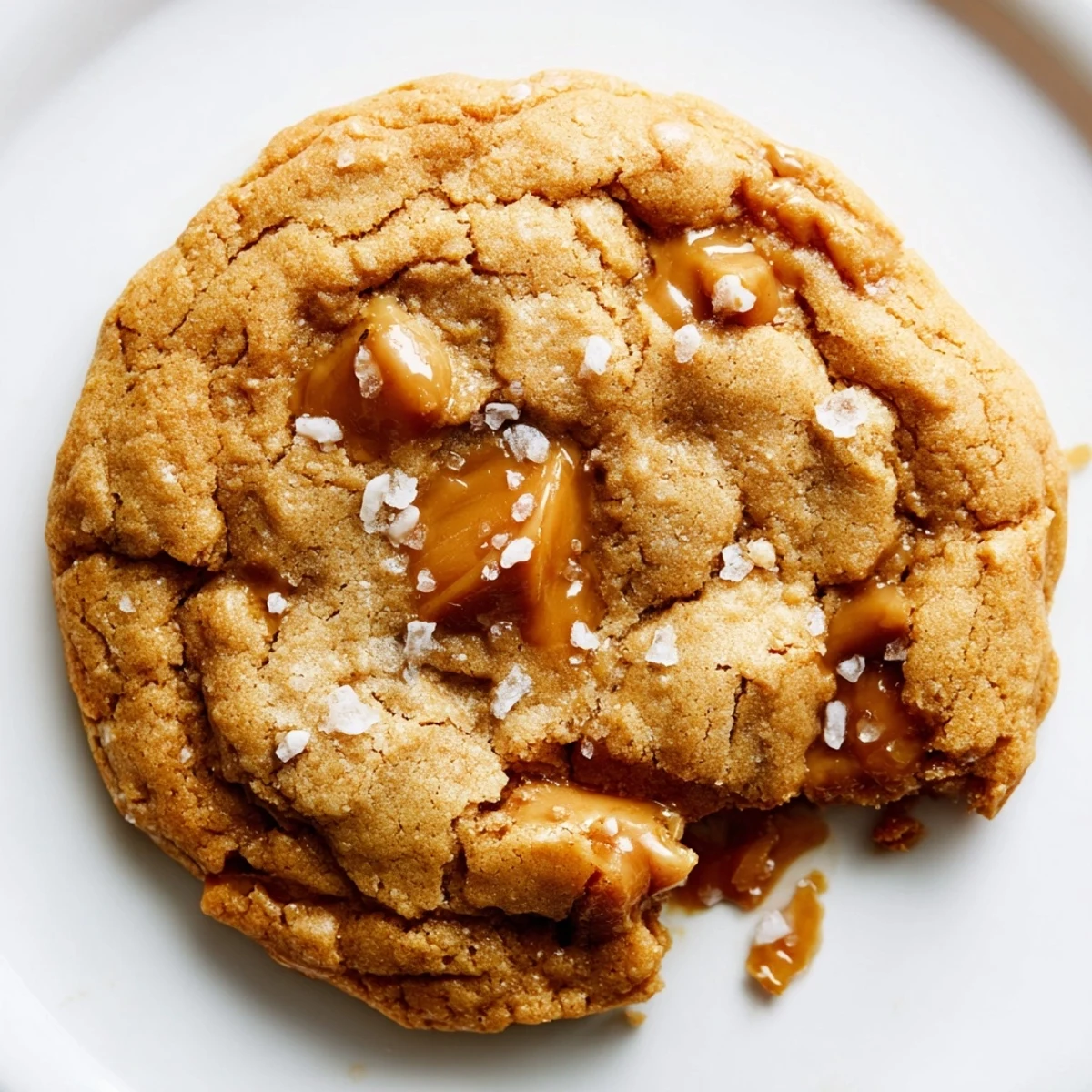 Freshly baked sea salt caramel cookies showing golden edges with melted caramel centers and flaky salt garnish