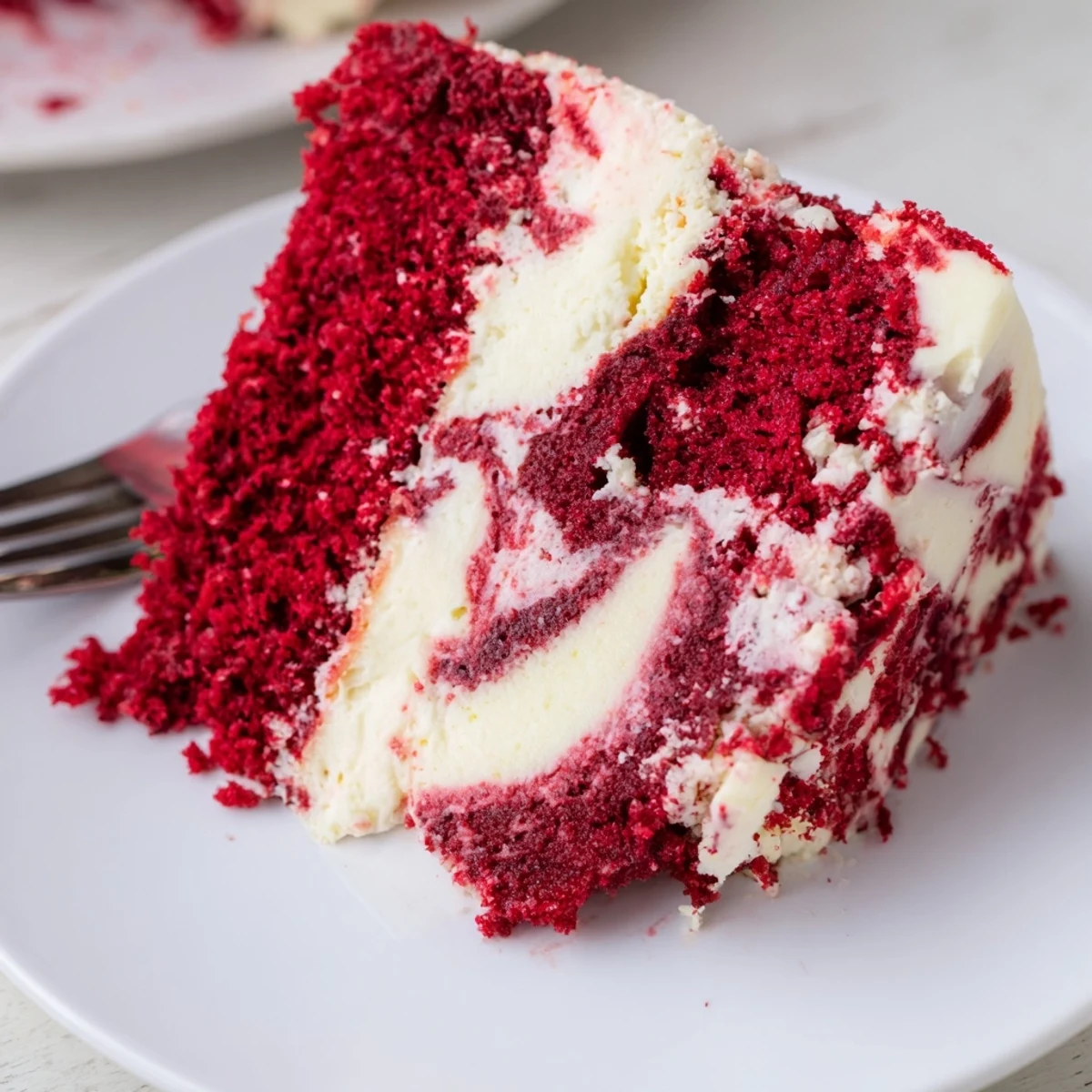Moist red velvet cake with rich cheesecake swirls baked into a marbled masterpiece