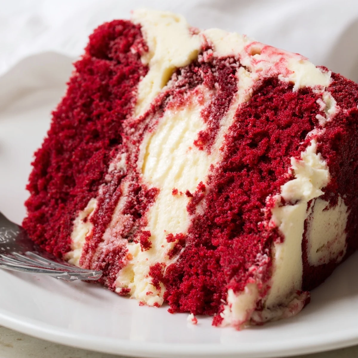 Creamy cheesecake ribbons swirled through vibrant red velvet cake layers on a serving platter