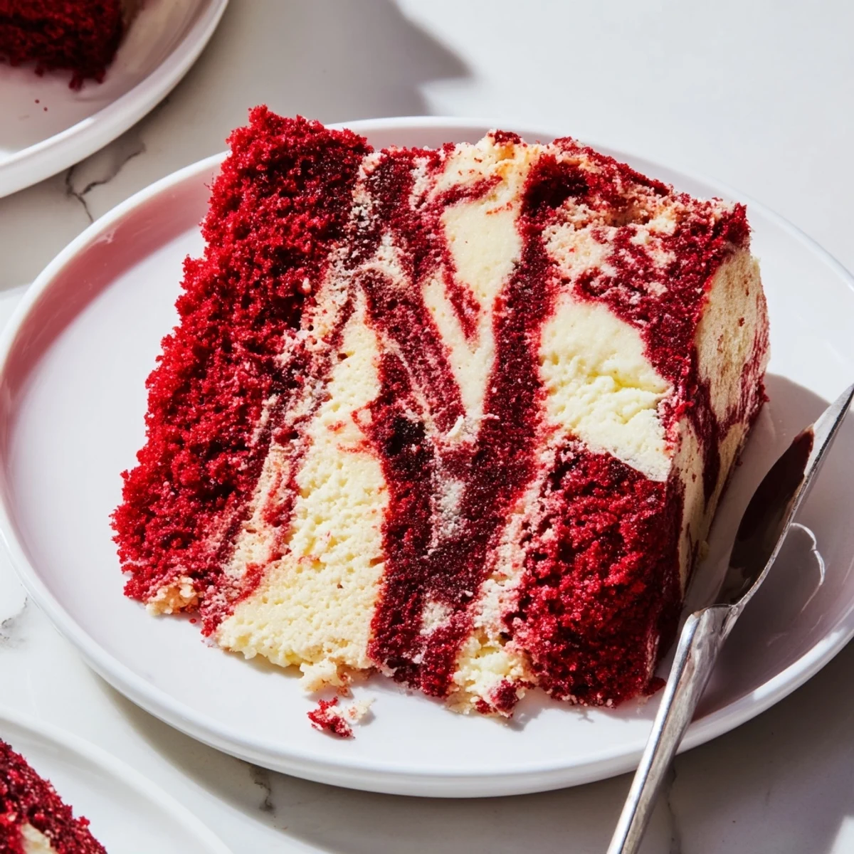 Sliced red velvet cheesecake swirl cake revealing its marble pattern inside the slice