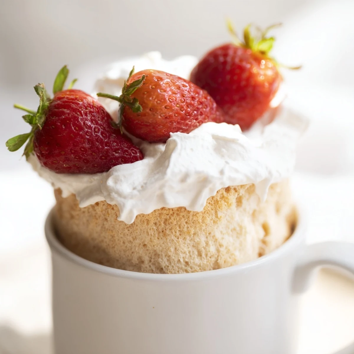 Fluffy angel food cake topped with fresh berries and whipped cream in a white mug