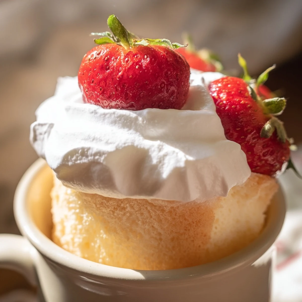 Golden air fryer angel food mug cake drizzled with chocolate sauce on a wooden board