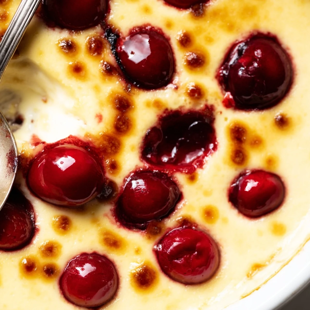 Golden cherry custard dessert with juicy baked fruit floating in creamy vanilla custard
