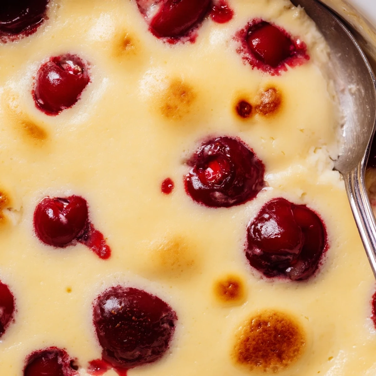Creamy cherry custard emerges from the oven bubbling with tender sweet red cherries