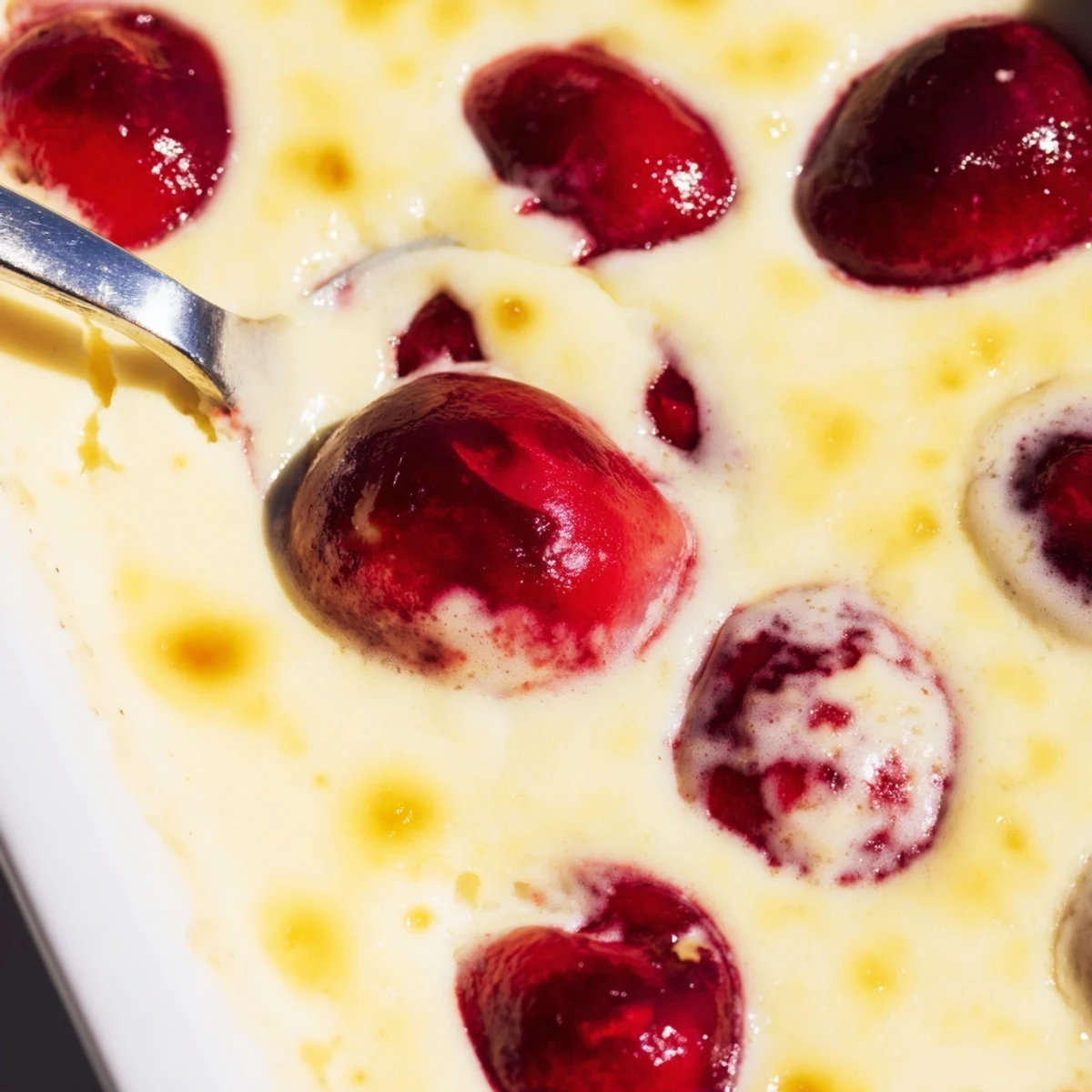 Light cherry custard dusted with powdered sugar and studded with plump baked cherries