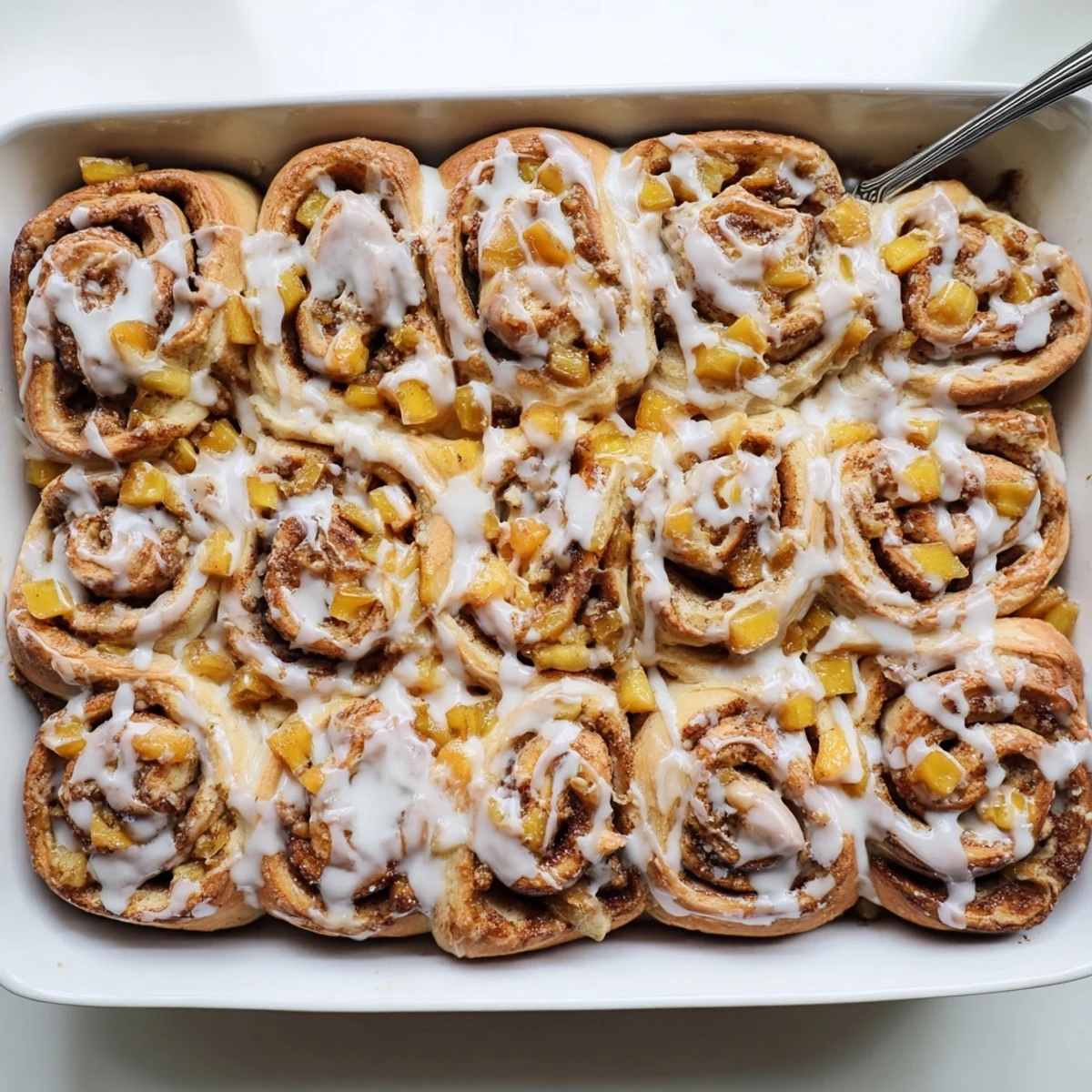Freshly baked peach pie cinnamon rolls drizzled with white vanilla glaze on a rustic wooden board