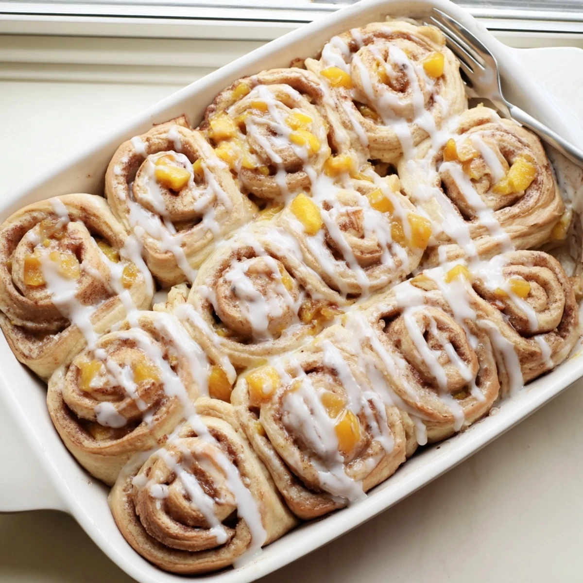 Golden spiral rolls stuffed with sweet cinnamon spiced peaches cooling in a rectangular baking dish