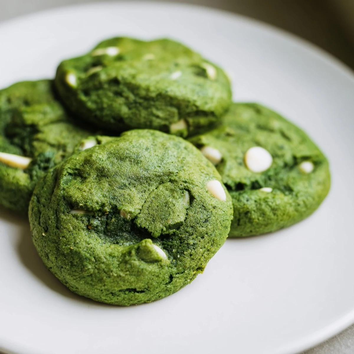 Chewy green velvet cookies stacked showing their soft texture and white chocolate chunks