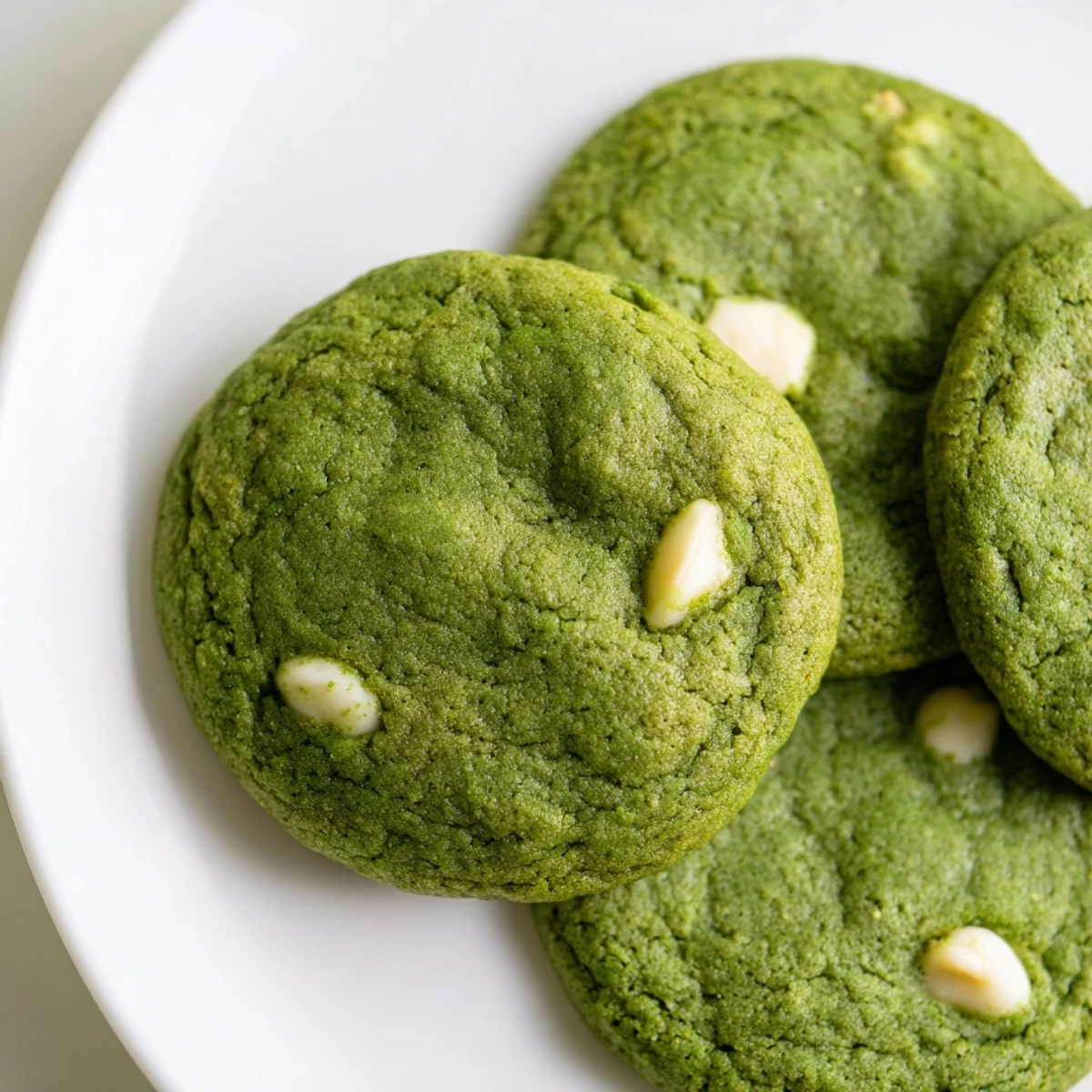 Vibrant green velvet cookie with melted white chocolate chips against a white plate