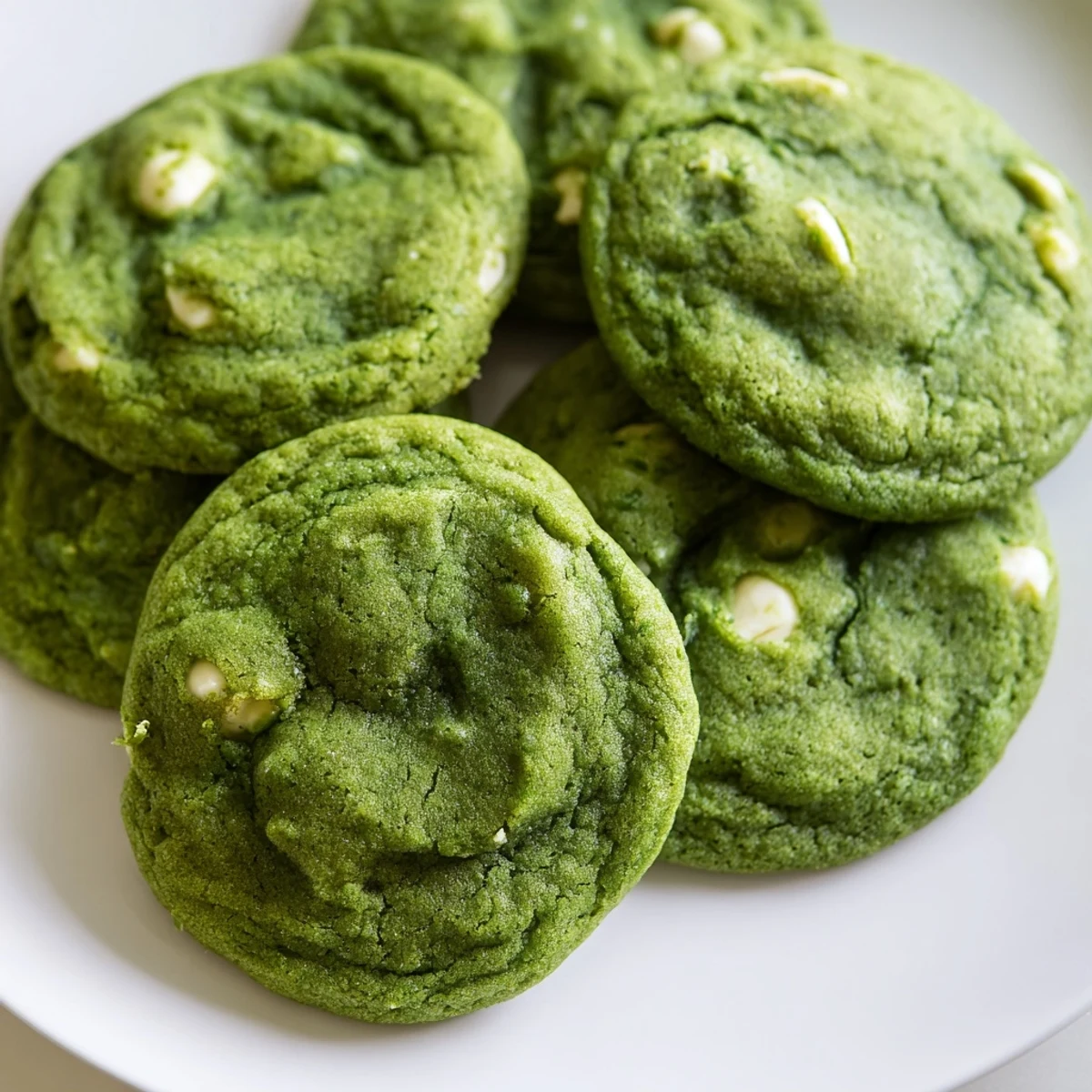 Soft baked green velvet cookies studded with creamy white chocolate chips on a wooden board