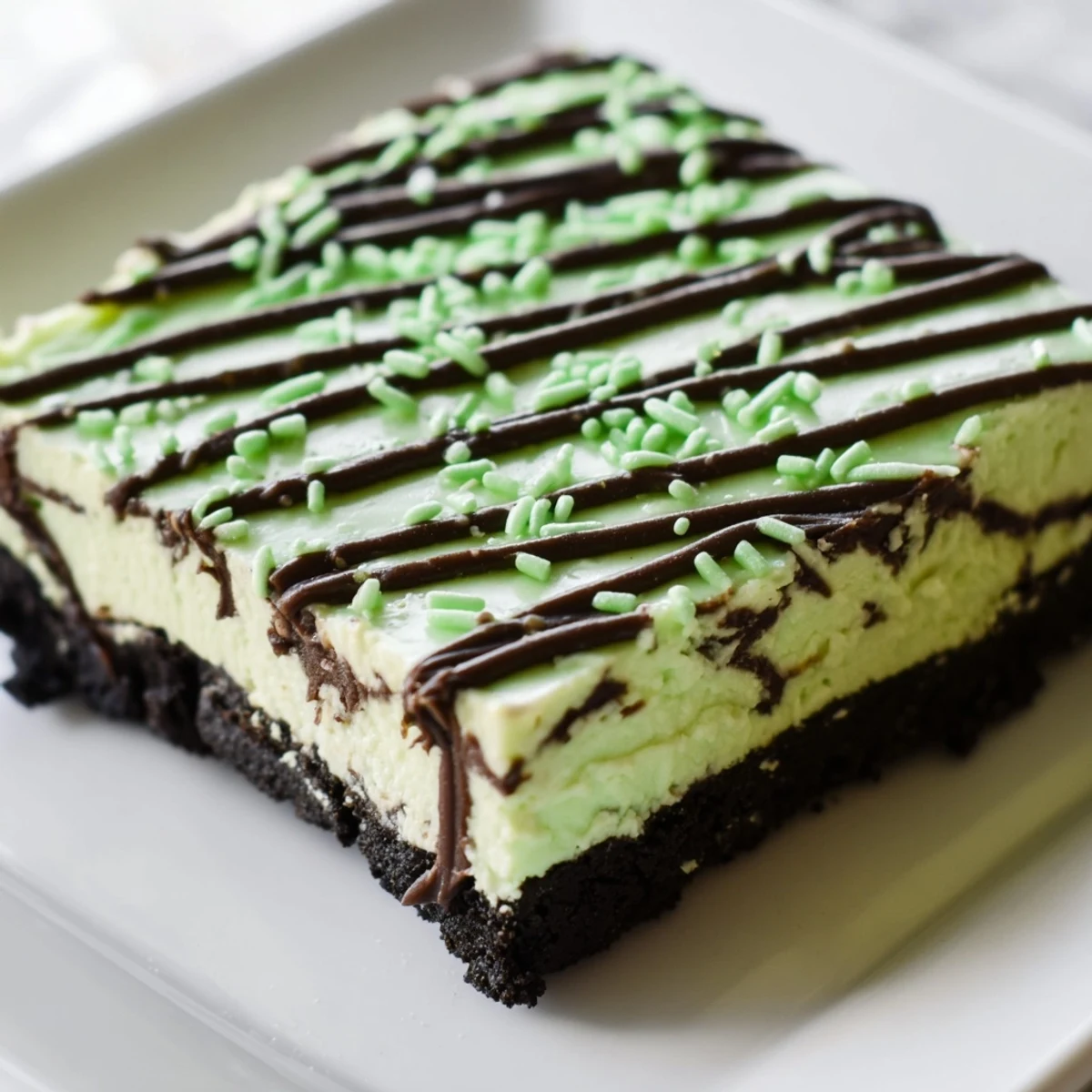 Decadent St. Patricks Irish mint cheesecake fudge squares with smooth texture and chocolate base