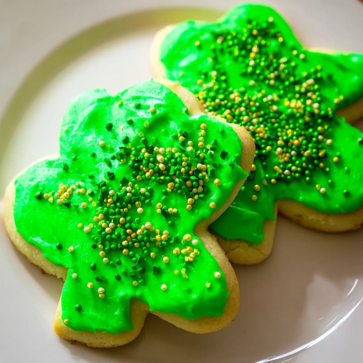 Soft homemade sugar cookies decorated with smooth green frosting and colorful shamrock sprinkles for a holiday dessert