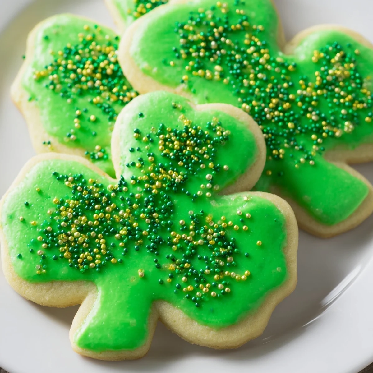 Freshly baked St. Patricks Day sugar cookies arranged on a serving platter with emerald icing and sparkling decorations