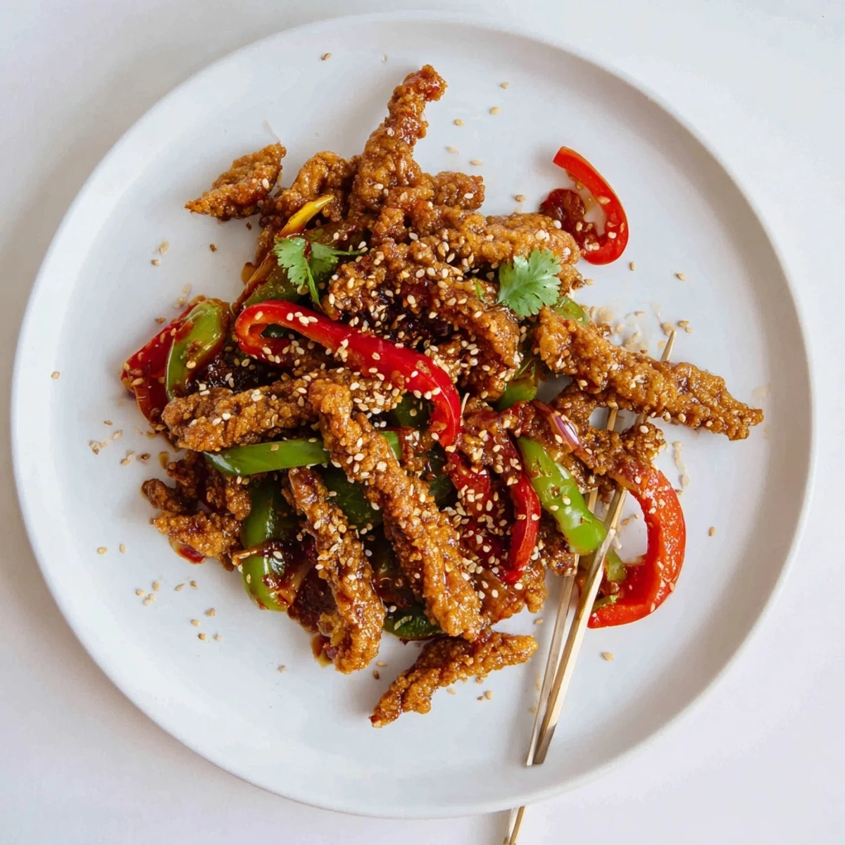 Golden crispy chilli beef tossed in spicy tangy red sauce with colorful bell peppers and sesame seeds