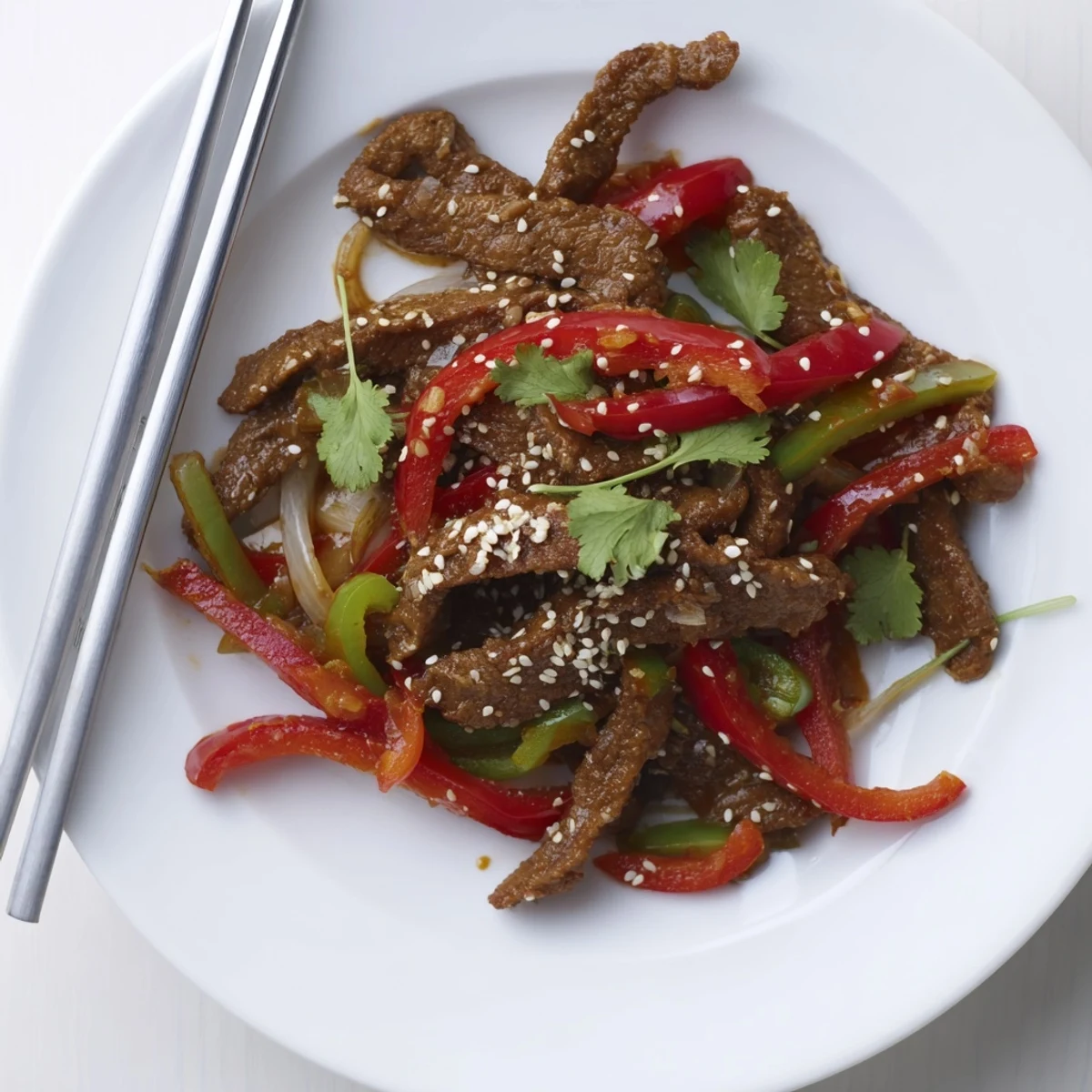 Homemade crispy chilli beef stir fry with fresh vegetables garnished with spring onions and coriander