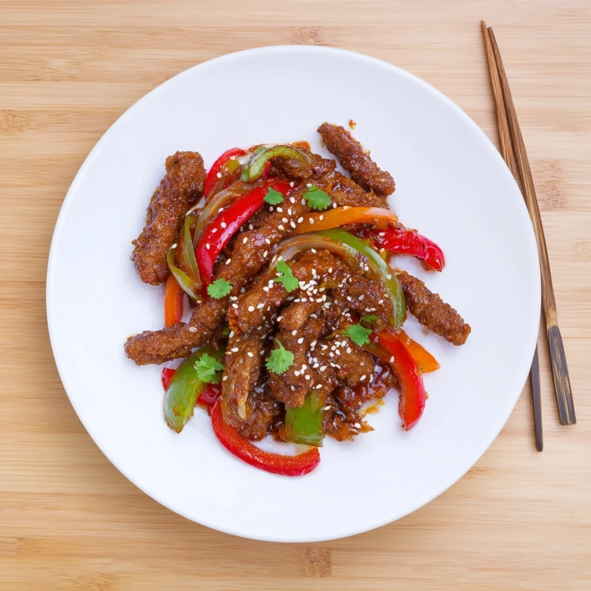 Plate of crispy chilli beef served over steamed rice with vibrant red and green peppers
