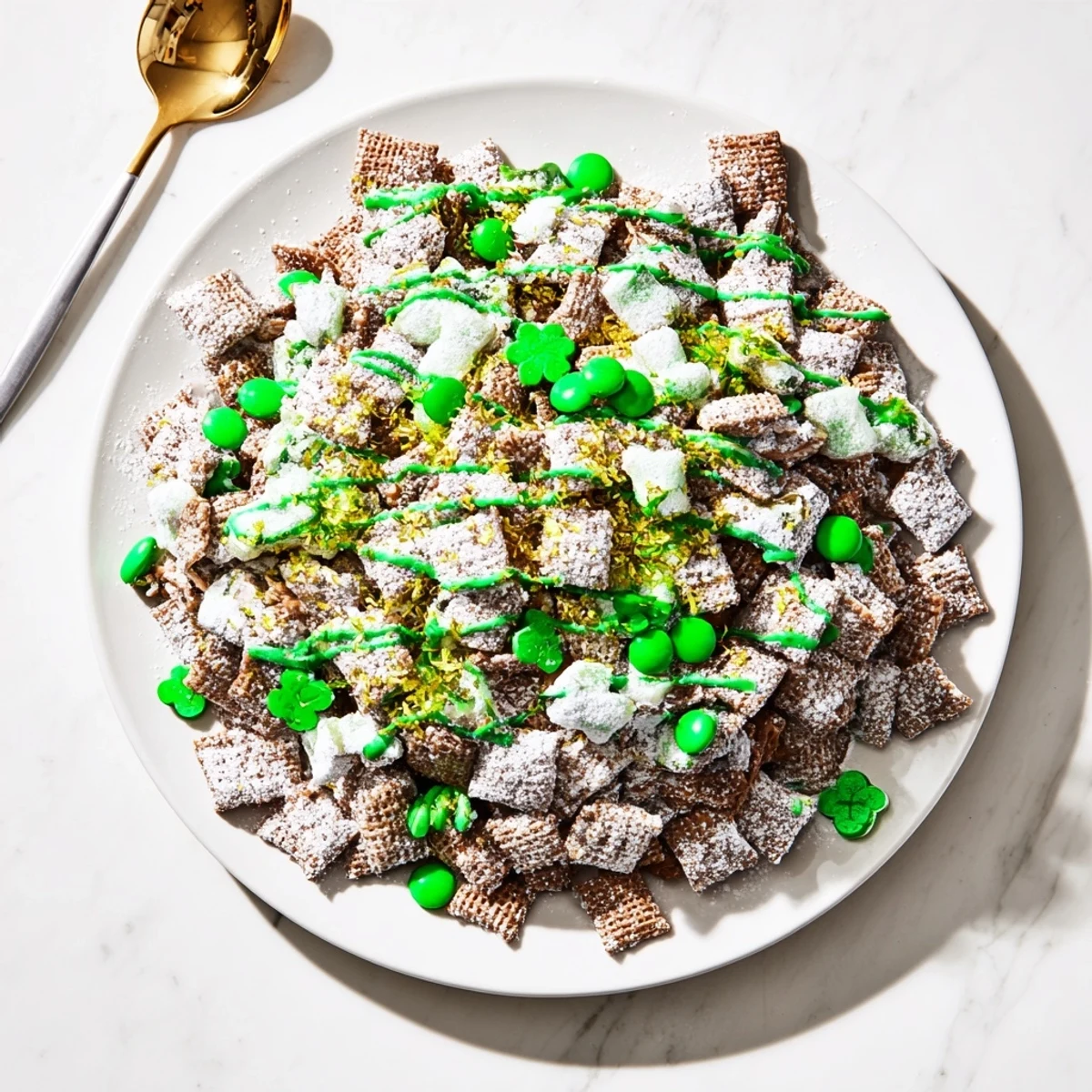 Festive St. Patricks Day puppy chow with green drizzles and gold sprinkles in a white bowl