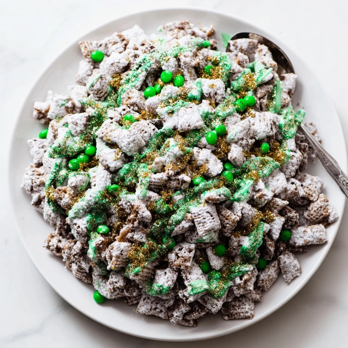 Chocolate peanut butter St. Patricks Day puppy chow coated in powdered sugar with green candy pieces