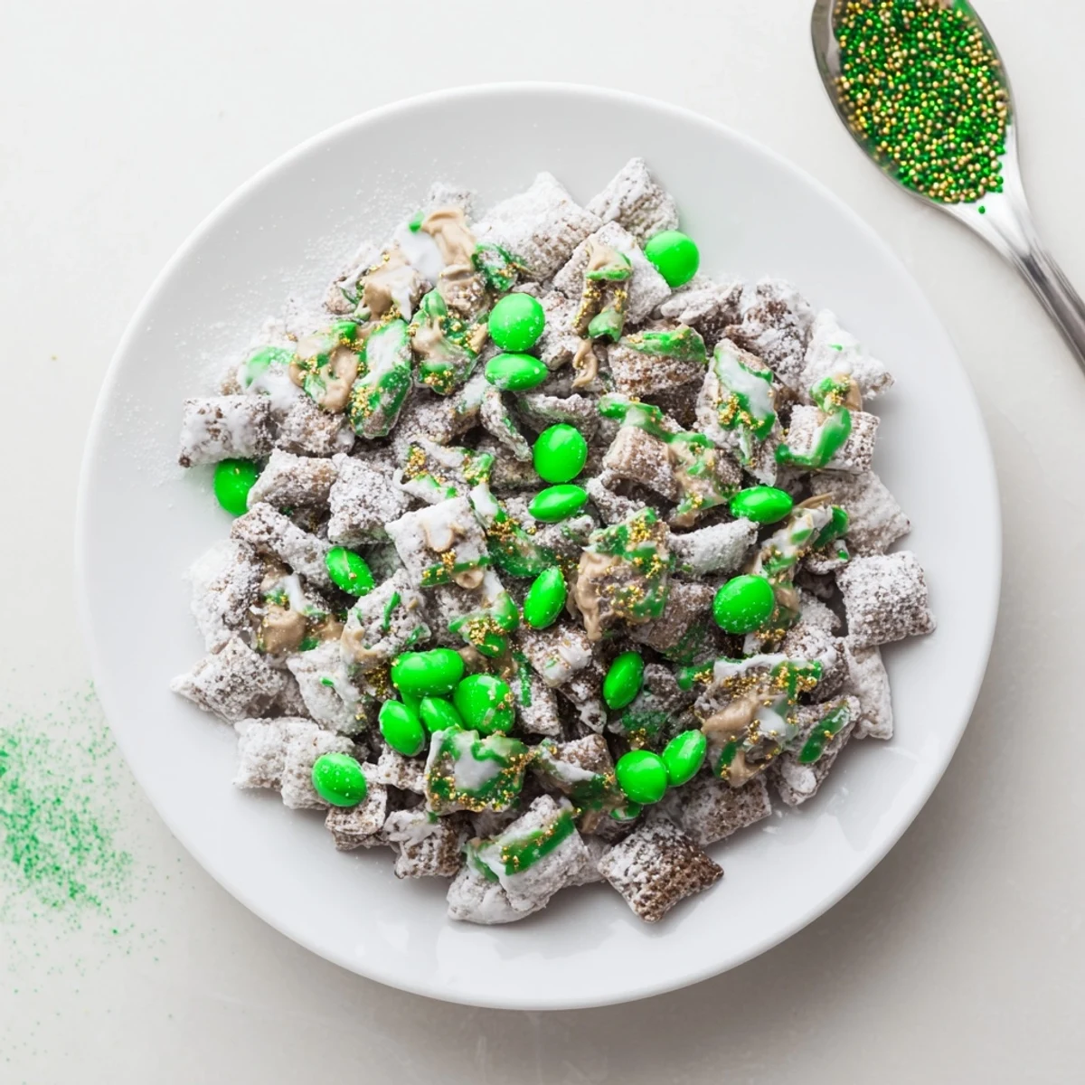 Green and gold sprinkled St. Patricks Day puppy chow arranged on a festive St. Patricks Day serving platter