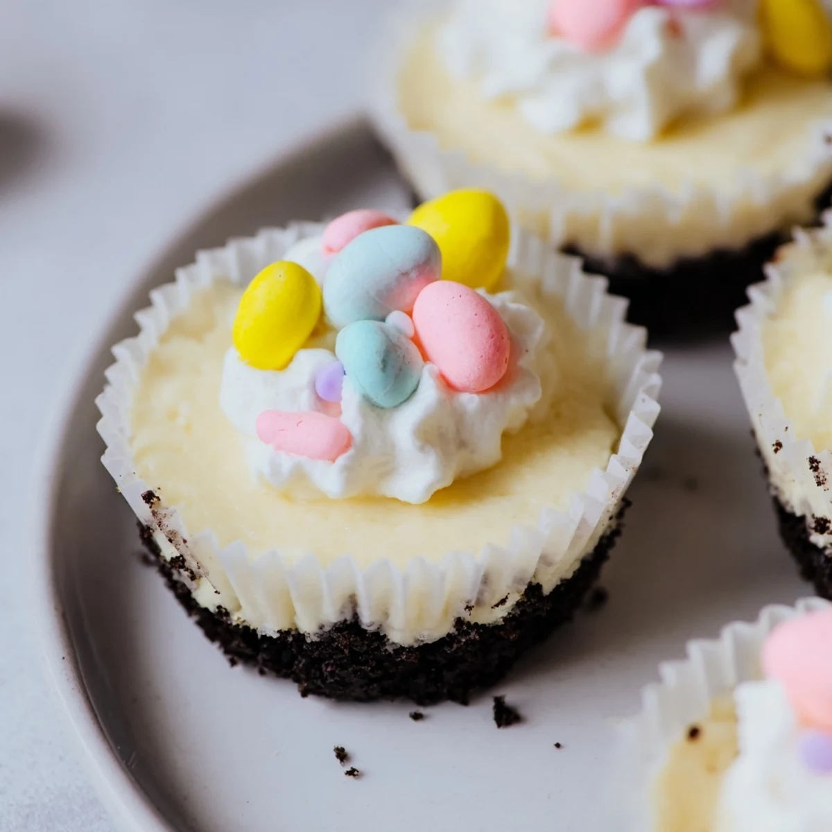 Creamy Easter Cadbury Mini Cheesecakes topped with colorful chocolate Mini Eggs and whipped cream
