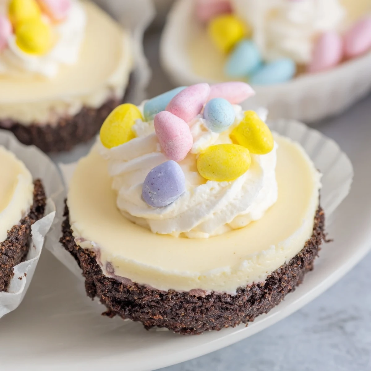 Chocolate crusted Easter Cadbury Mini Cheesecakes garnished with pastel candy eggs for spring desserts