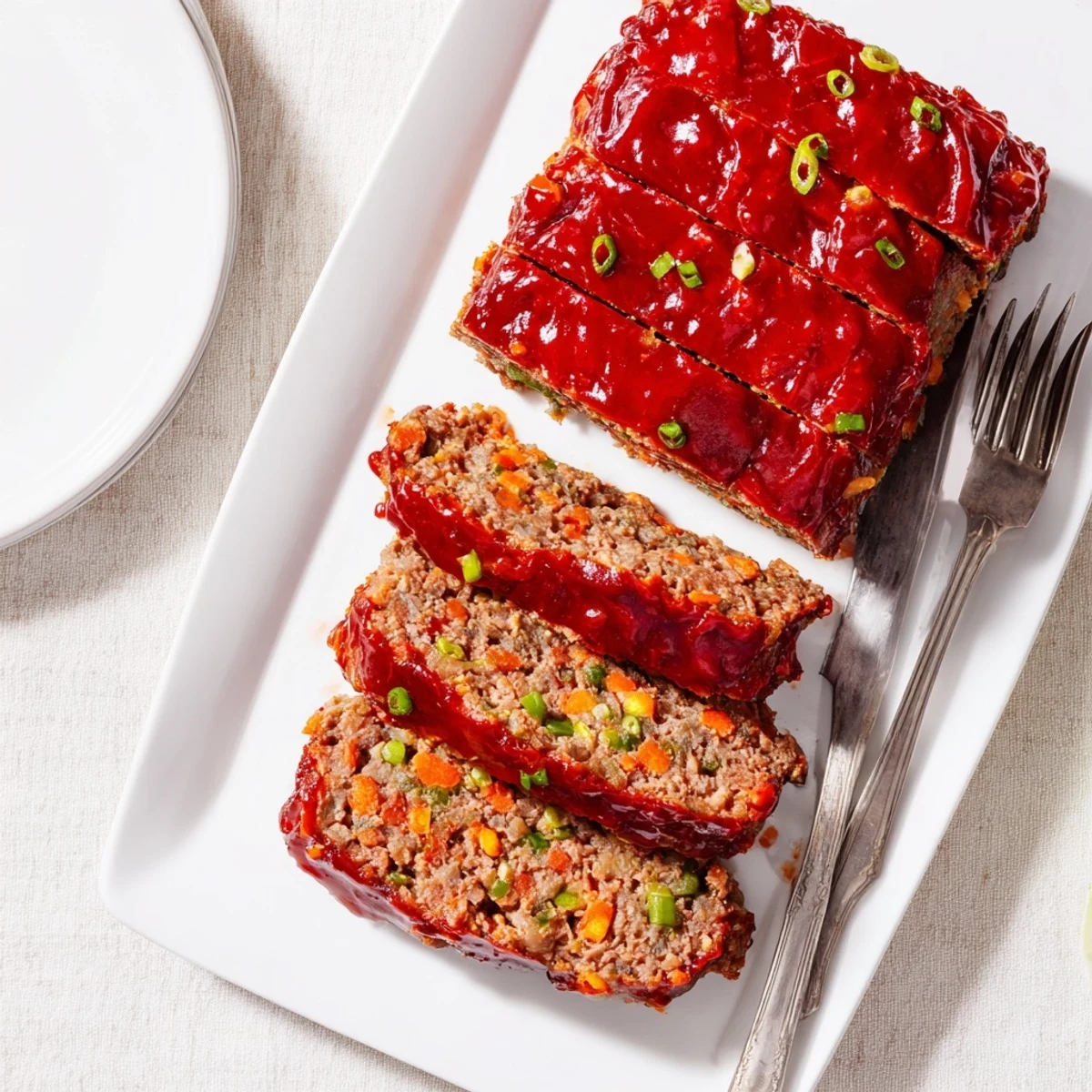 Sliced Korean meatloaf with gochujang glaze resting on a white serving platter
