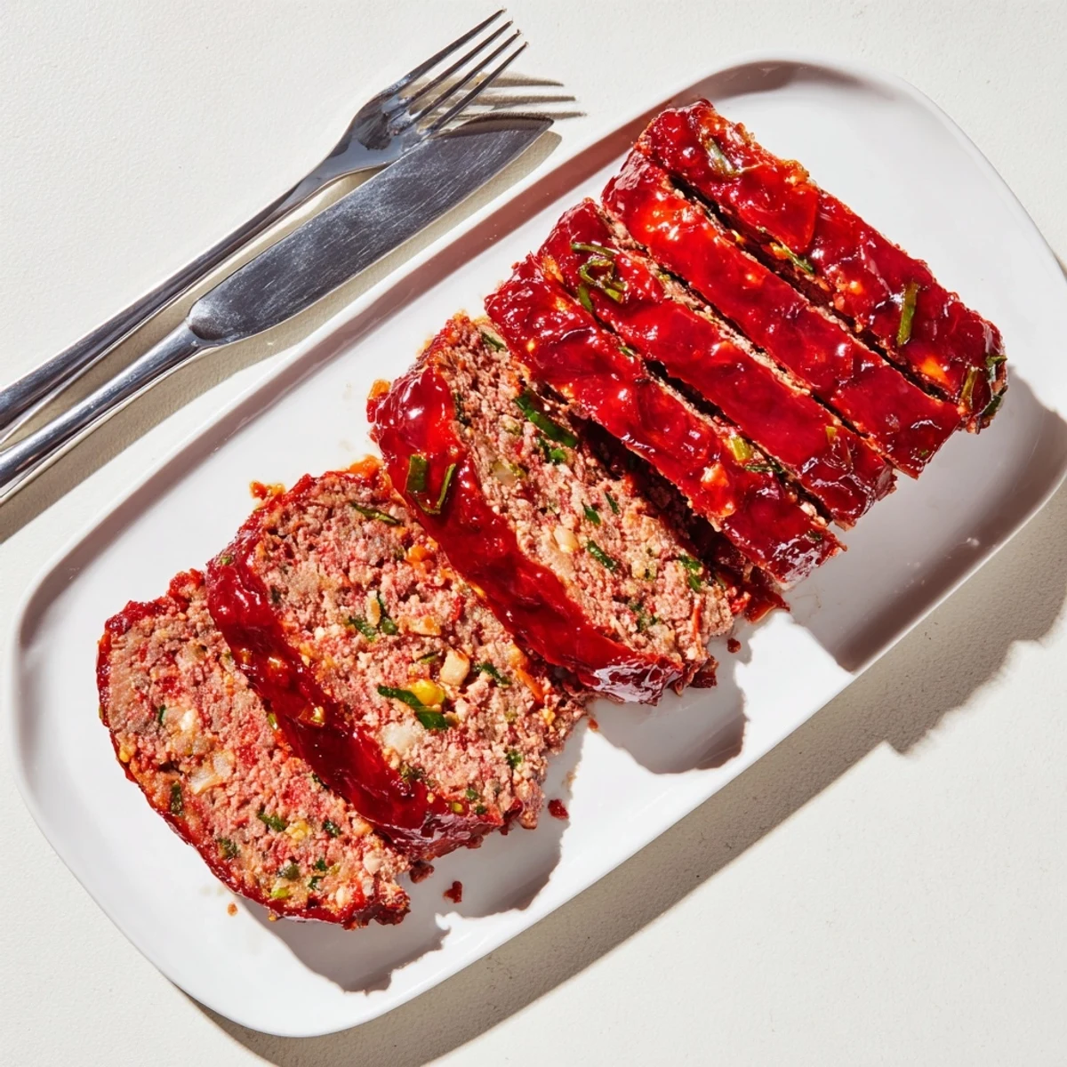 Freshly baked Korean meatloaf with gochujang glaze glistening on top of the loaf