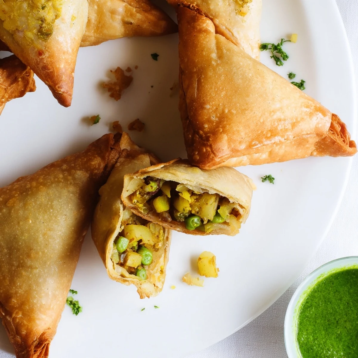 Golden vegetable samosas with spiced potato pea filling arranged on white serving plate