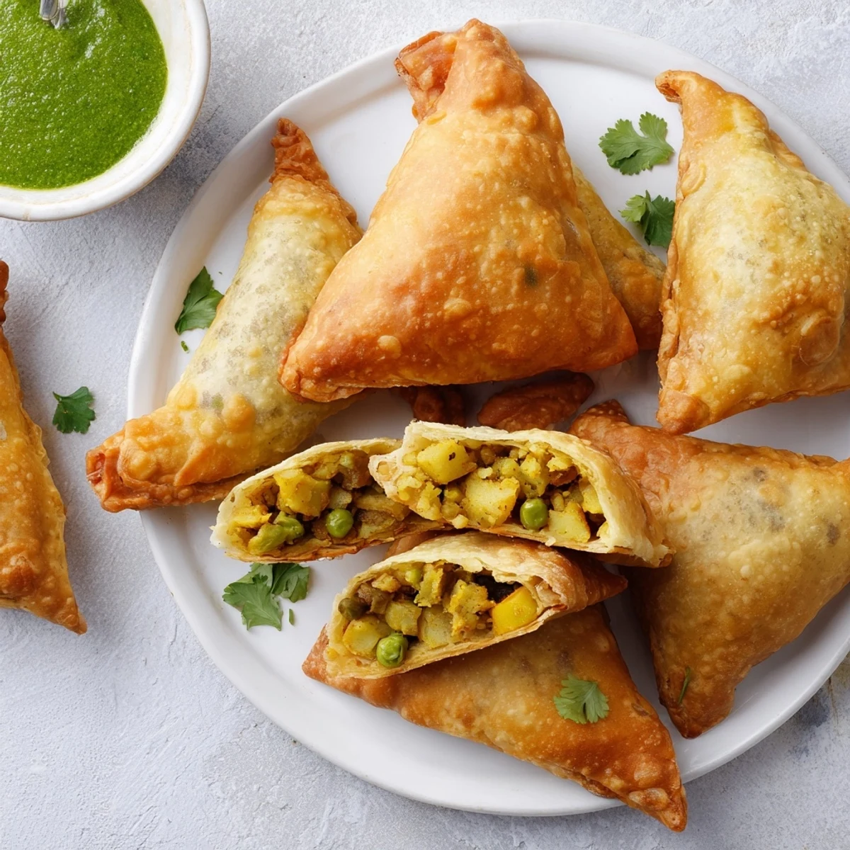 Crispy fried Indian vegetable samosas featuring aromatic potatoes and peas ready for dipping