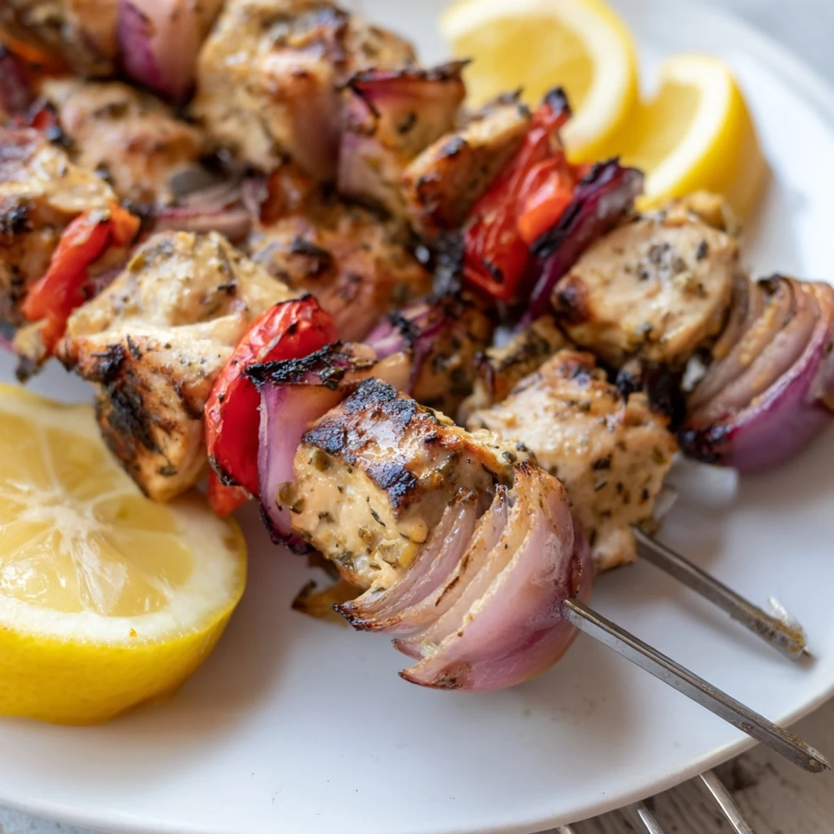 Tender marinated chicken threaded on skewers with charred vegetables alongside a bowl of refreshing cucumber yogurt tzatziki