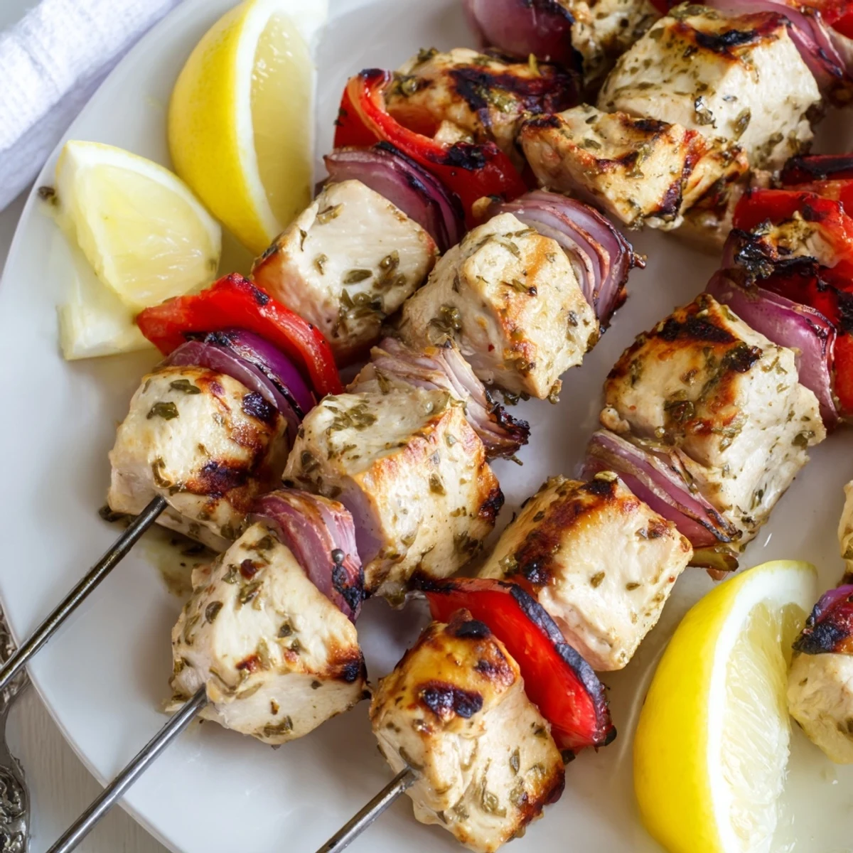 Juicy lemon herb chicken kebabs grilled to perfection with a side of cool garlicky tzatziki dipping sauce