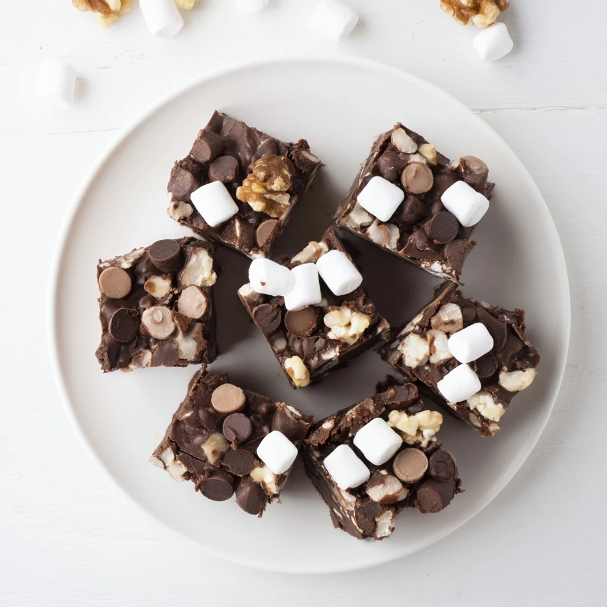 Creamy homemade easy rocky road fudge studded with fluffy marshmallows and roasted peanuts in a square baking pan