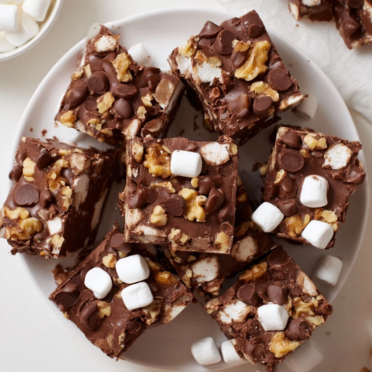 Glossy easy rocky road fudge freshly cut into bite-sized pieces revealing mini marshmallows and chocolate chunks throughout