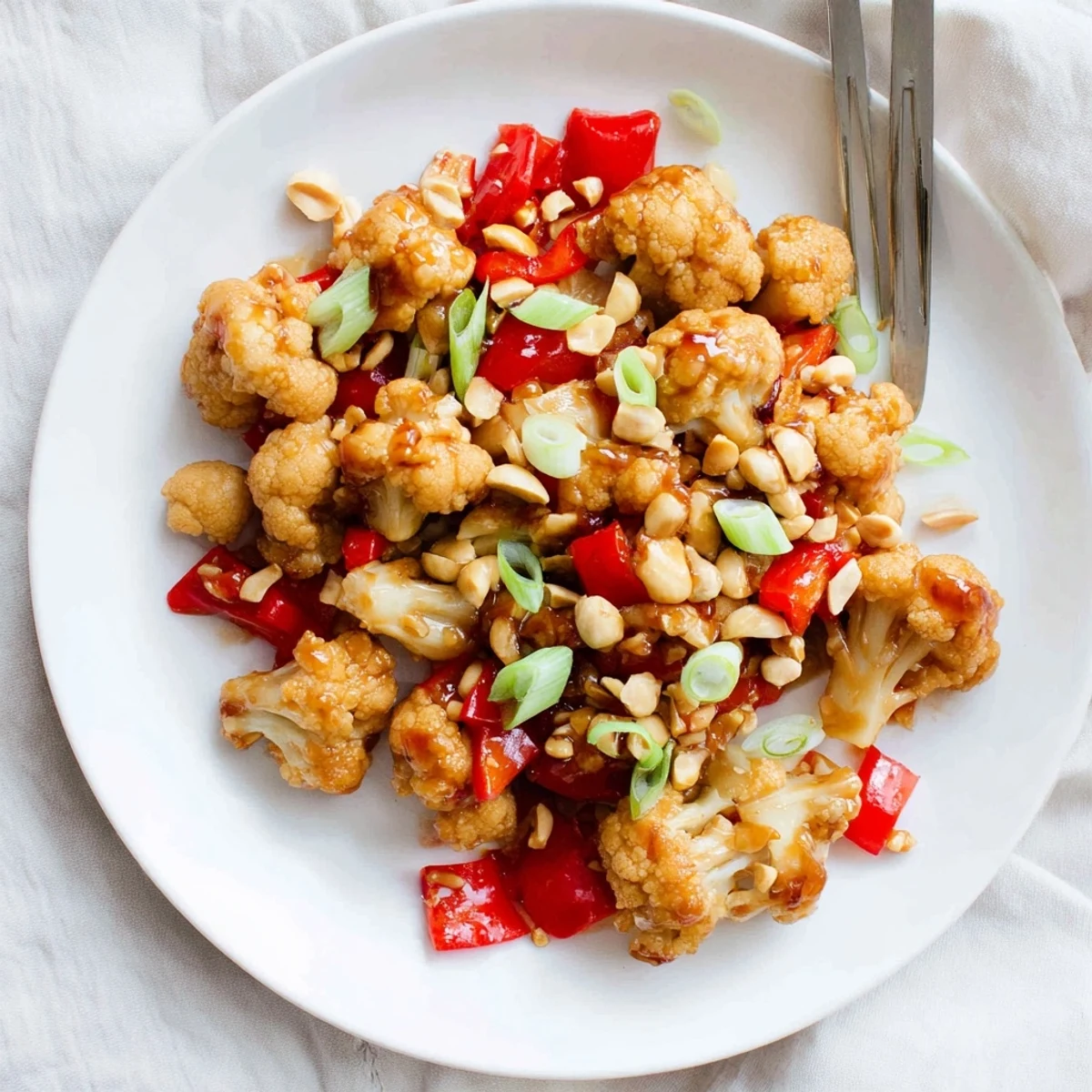 Golden roasted cauliflower florets coated in spicy Kung Pao sauce with roasted peanuts and fresh green onions