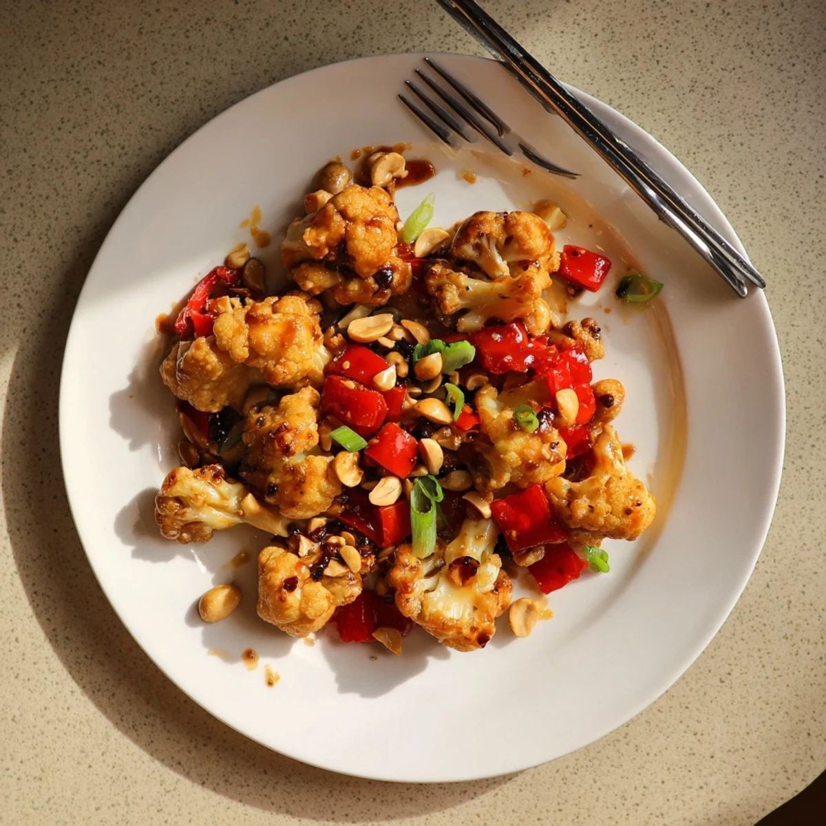 Crispy Kung Pao Cauliflower tossed in tangy sweet glaze with red bell peppers and crunchy peanuts