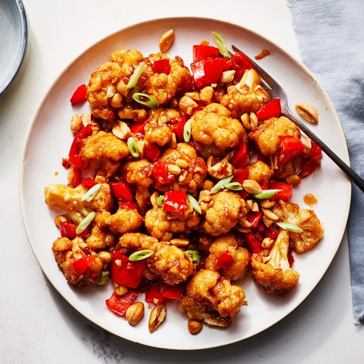 Vegan Kung Pao Cauliflower stir-fry with glossy sauce, dried chilies, and garnish of sliced scallions