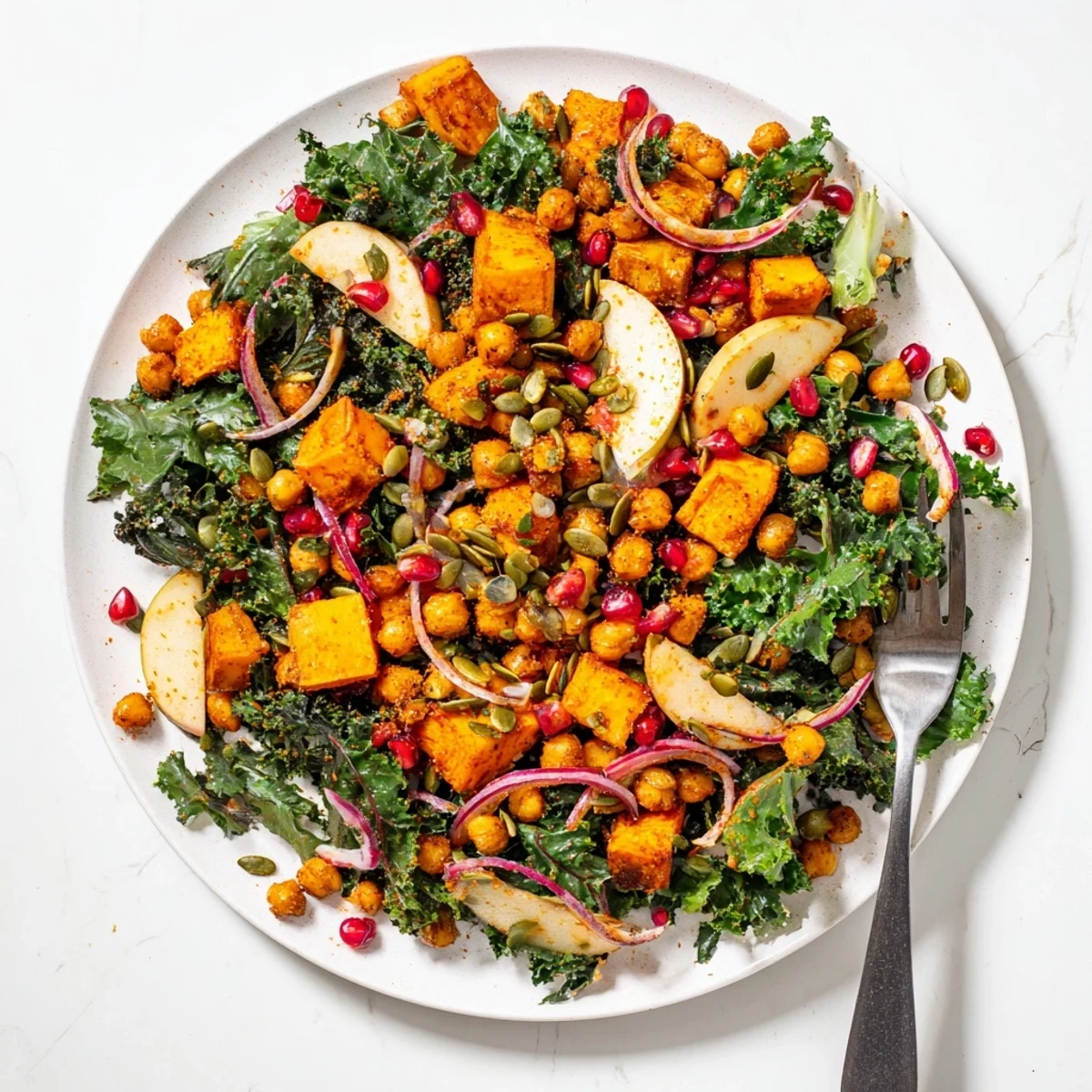 Colorful roasted chickpea fall salad bowl with crispy spiced chickpeas, sweet butternut squash, and fresh greens drizzled with maple-Dijon dressing